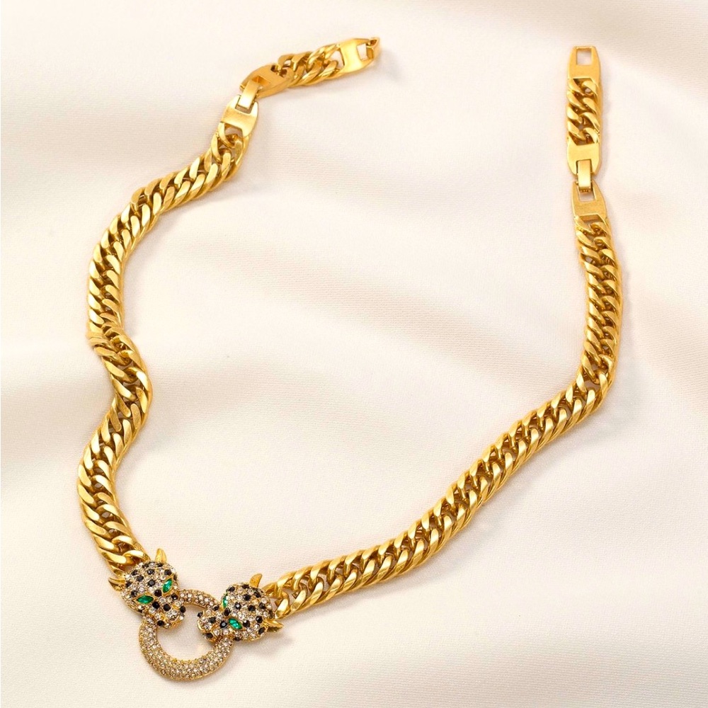 Stella & Dot Gold Chain Necklace with Jeweled Panther Heads